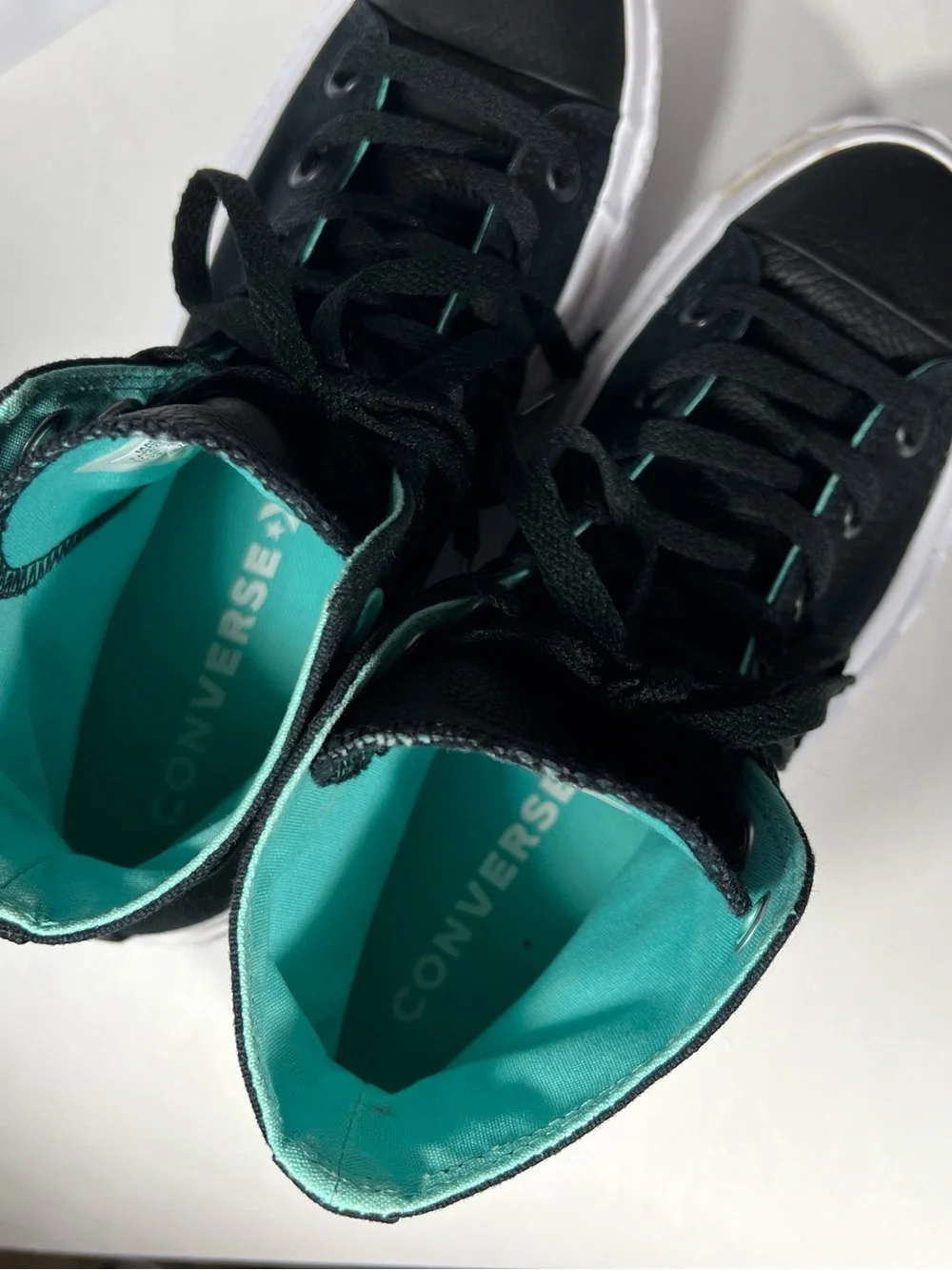 Black Converse High-Top Platform Sneakers with faux leather and Teal Accents